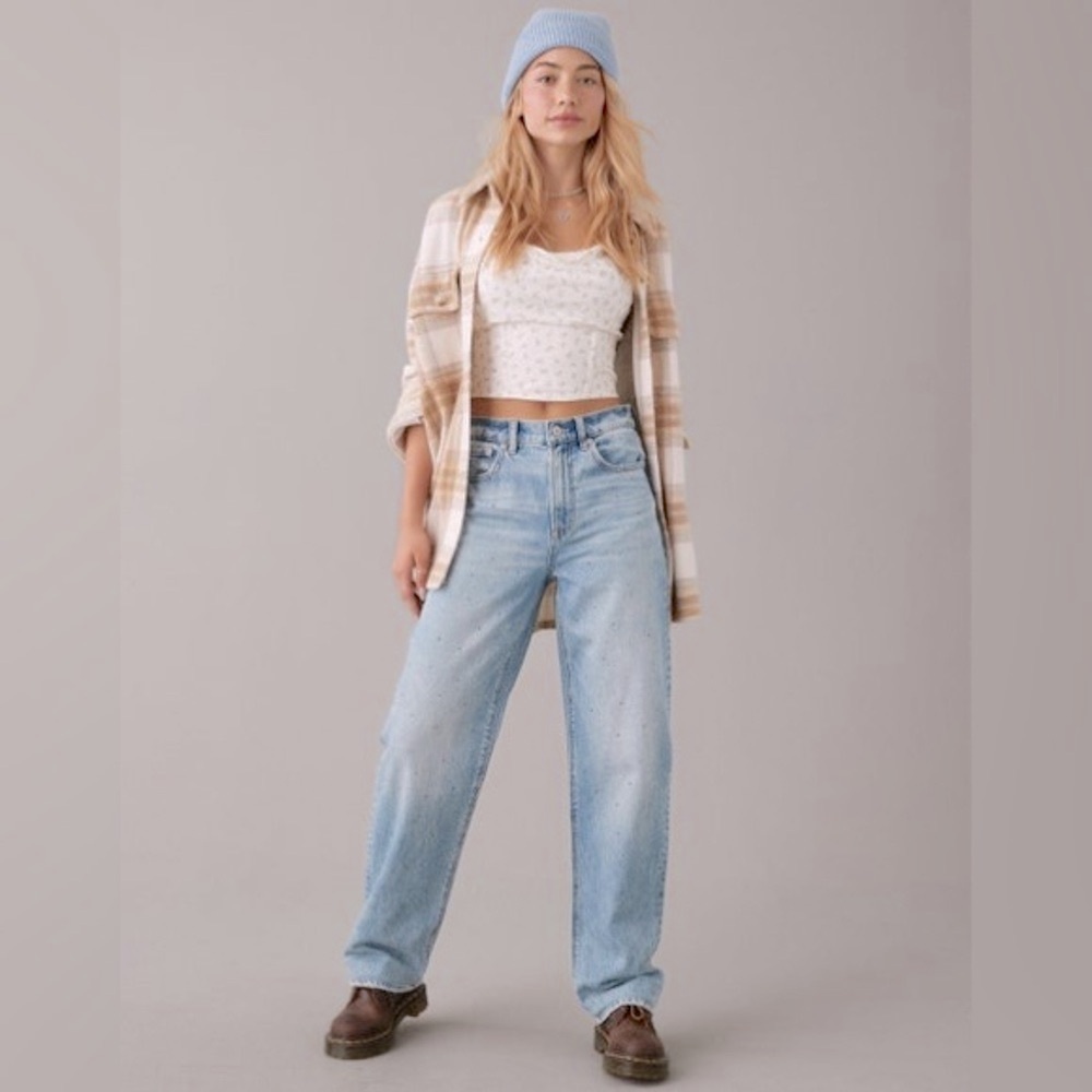 American Eagle Jeans Super High Rise Waisted Baggy Straight Embellished  14S 32